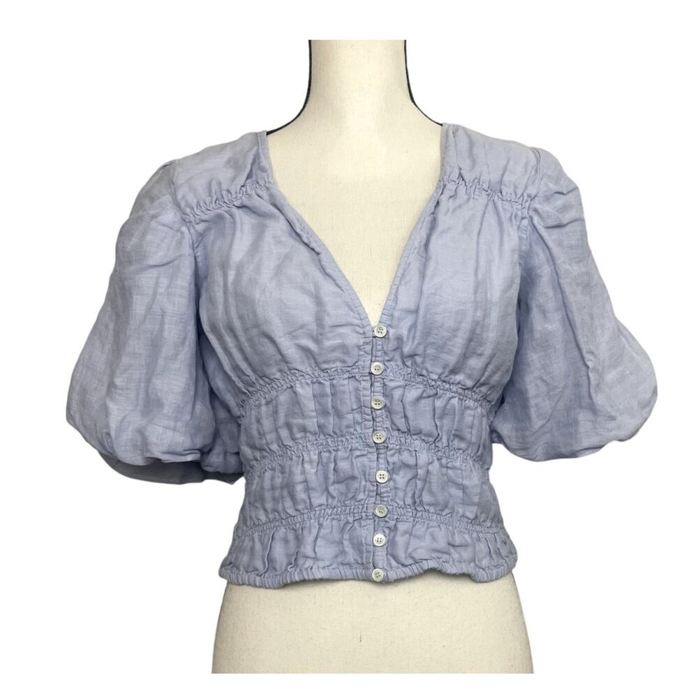 FRAME Size Small Light Blue Smocked Puff Sleeve Julianne Blouse Cotton Lining